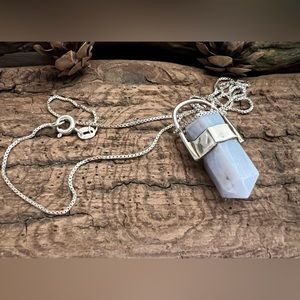 925 Vertical Natural Blue Chalcedony Crystal Necklace Hexagonal Italy Chain 19”